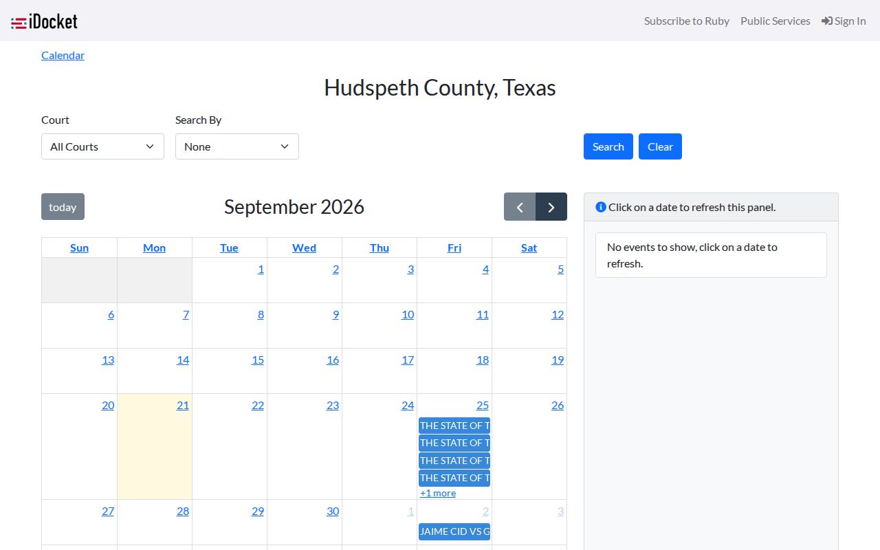 Hudspeth County warrant search, public iDocket court calendar fields