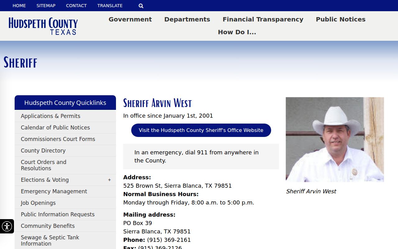 Hudspeth County warrant records, official Sheriff's Office contact information